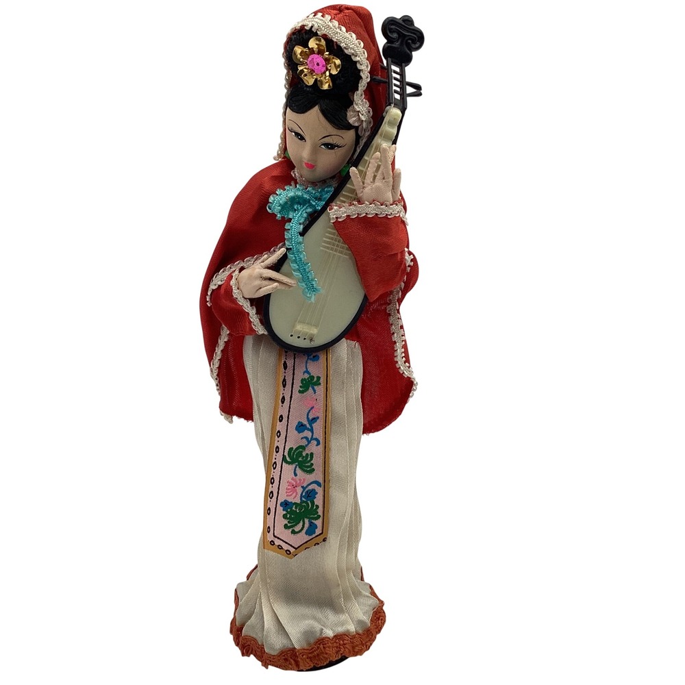 Vintage Chinese Silk Geisha‎ Doll Musician with Pipa Lute Red Hooded Cloak